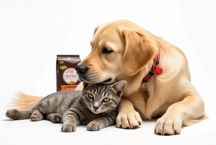 A realistic image of a dog and a cat on a plain white background, symbolizing symbiosis, cooperation, mutual help, care, and love. The dog, a golden retriever, and the cat, a small gray tabby, are affectionately leaning towards each other. The dog rests it...