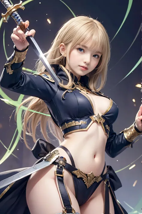 (masterpiece,  best quality:1.2), 8k,  young and beautiful girl , baby face、Big Breasts、((RAW Image Quality:1.4)),  x} Arthur Pendragon  (know),Yellow Theme，((The Long Waving Sword :1.4))，armor，Exposing the belly button，Sakura NS，Promotional poster style，D...