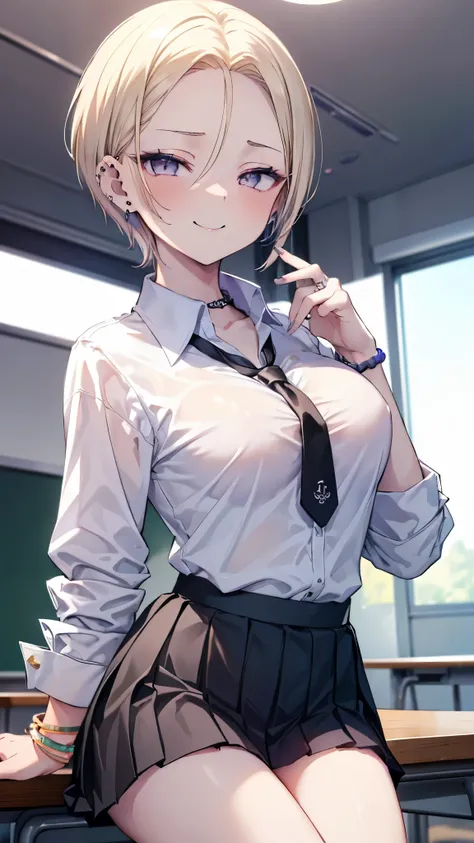 ((masterpiece、 best quality、 Very detailed))、 one girl who is at ease、Blonde、 short hair on the side of the uniform、((bold、slicked back))、 gray eyes、evil smile、((lots of piercing))、 Big Breasts 、(( white collared shirt ))、clavicle、 Necklaces 、 Bracelets、((...