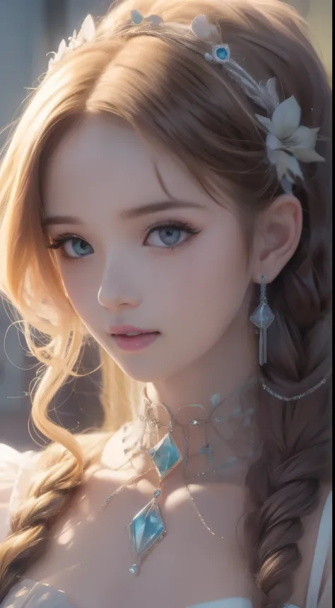 tmasterpiece,Highest high resolution,A bust of a beautiful royal maiden,Delicate braided hair,Coiled hair,Shining clear eyes,The hair is covered with beautiful and delicate floral craftsmanship, crystal、Diamond jewelry filigree,Ultra-detailed details,upsca...