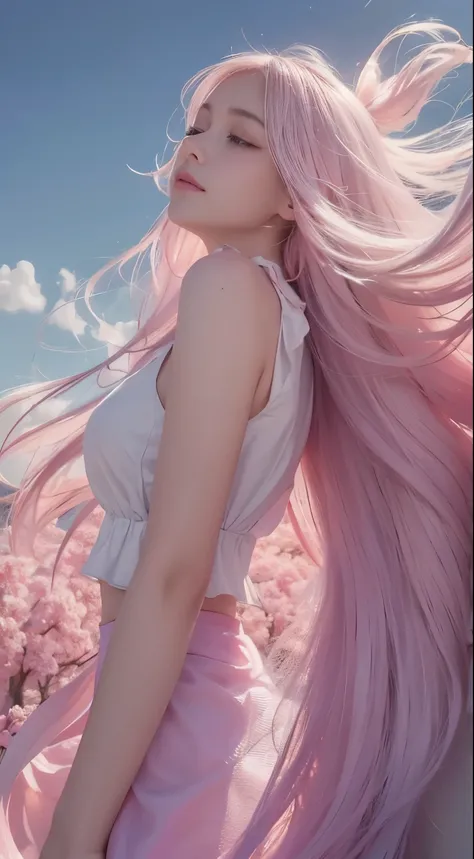 high qulity,4K,detailed detail,Dreamy,hyper realisitc,Up and down opposites,Parallel worlds,Girls fall from the sky,long white hair,Vertical descent,closing her eyes,Keep quiet,Girl in the Clouds,Pink light and shadow,
