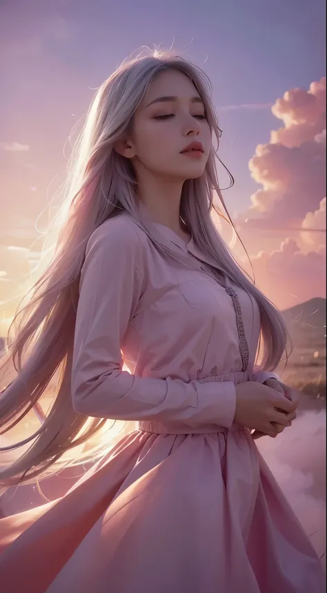high qulity,4K,detailed detail,Dreamy,hyper realisitc,Up and down opposites,Parallel worlds,Girls fall from the sky,long white hair,Vertical descent,closing her eyes,Keep quiet,Girl in the Clouds,Pink light and shadow,