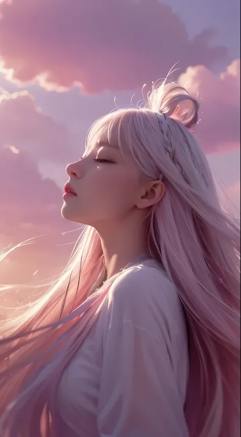 high qulity,4K,detailed detail,Dreamy,hyper realisitc,Up and down opposites,Parallel worlds,Girls fall from the sky,long white hair,Vertical descent,closing her eyes,Keep quiet,Girl in the Clouds,Pink light and shadow,