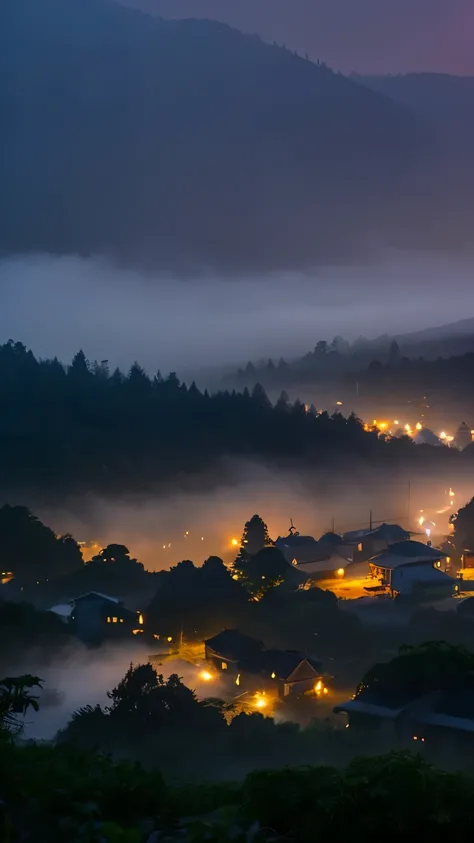 A foggy, eerie village surrounded by dense forests under a twilight sky.