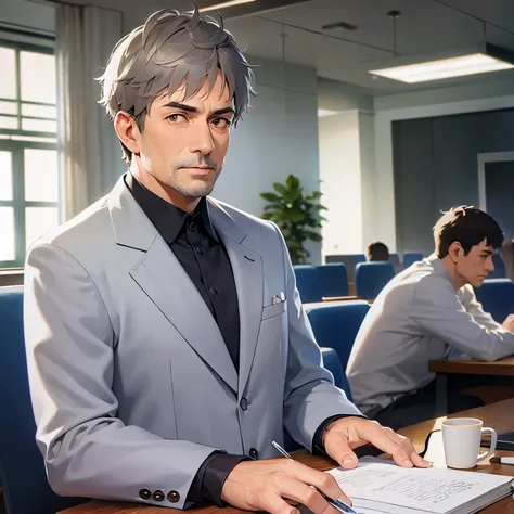 upper body,
masterpiece、 High Quality 、(A 50-year-old man with short grey hair and brown eyes:1.5)、 wearing a gray suit 、 
serious,
 is a conference room、Alone、 is sitting