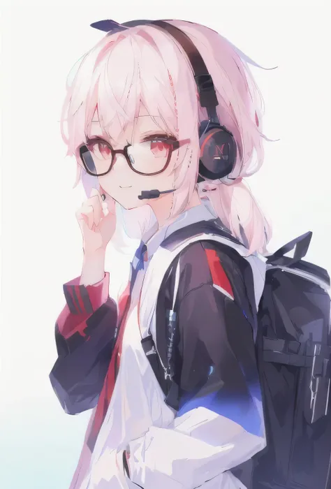 Anime girl wearing headphones and a backpack talking on the phone,  Animated Cute Style ,  best anime 4k konachan wallpaper, Gu Weiss, Wearing glasses, Visual effects of cute girls in anime , Fleet Collection style , Wearing headphones, Smooth Anime CG Art...