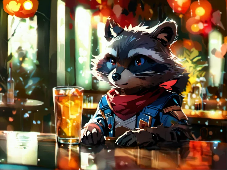  Marvels Rocket the raccoon ,Drinking alone at a bar ,Red scarf,Sadness,Quiet interior ,Long shot