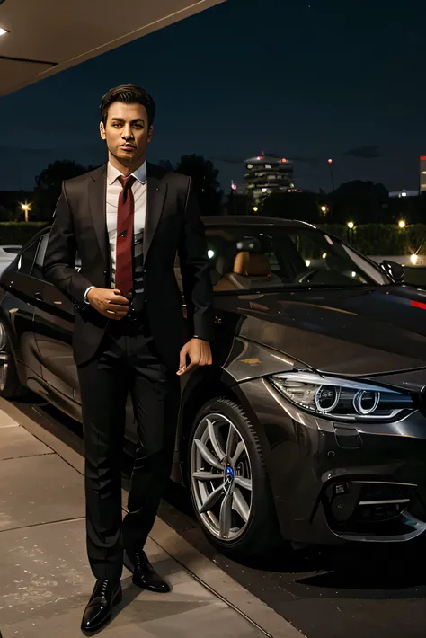 a fullbody black suit man with red ties, stand on front of bmw, in luxury homr terrace ...