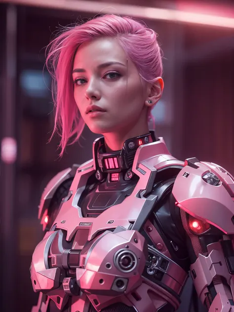 gorgeous cyborg female in pink combat armor, pink hair, cyberpunk style, lingerie, futuristic, high-tech, sci-fi, flirting, kinky, attractive, portrait, looking at viewer, portrait, photography, detailed skin, realistic, photo-realistic, 8k, highly detaile...