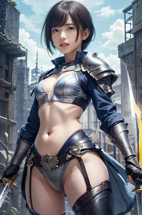 (masterpiece,  best quality:1.2), 8k, baby-faced woman with bright blue short hair, yellow theme，((the long waving sword :1.4))，...