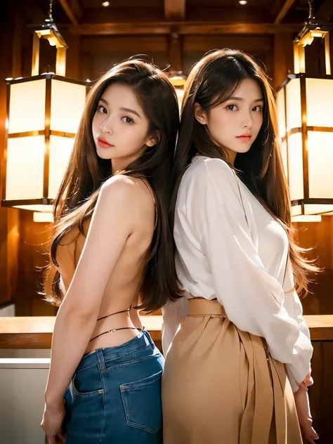 (Knee-length shot of two women)　((Both random pose showing back and hair as much as possible:1.8))　((BOTH long haired beautiful 24 year old hair model, girl with super Very long hair that reaches down to the ankles, extremely Very long hair that reaches do...