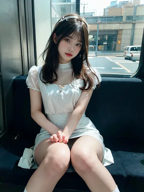 (masterpiece,  best quality, 8k,  RAW photo, beautiful、 Aesthetic :1.2),  intricate detail, indirect lighting, Realistic, whole body,  sitting on a train chair、 the audience、Peeking、   square neck button down linen sundress, (Super Realistic Legs )、  train...