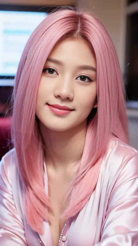 1girll,(Captivating quality:1.4),(True textured skins of the highest quality), Delicate face,Pink twin-tailed hair, Gradient Hair, (perfect bodies:1.1)、long eyelasher,grin, hyperphotorealism, Cinematic lighting, projected inset, surrealism, hyper HD, masut...