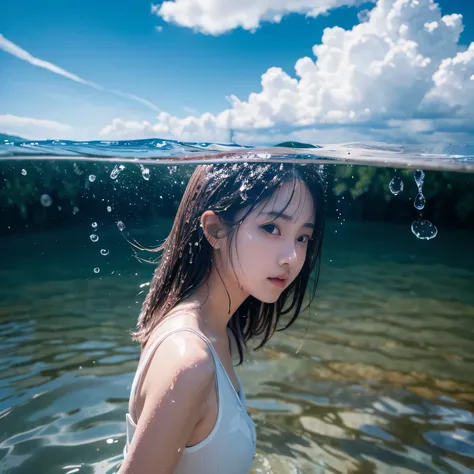 water, wet, splash, liquid, sun , sky, blue sky, cloud, Nature, Natural Environment, (Character focus :1.1), clearly focuses , Actual , very detailed , Super fine, Quality Best , top quality , Actual lighting, super detailed , surrealism , A gi...