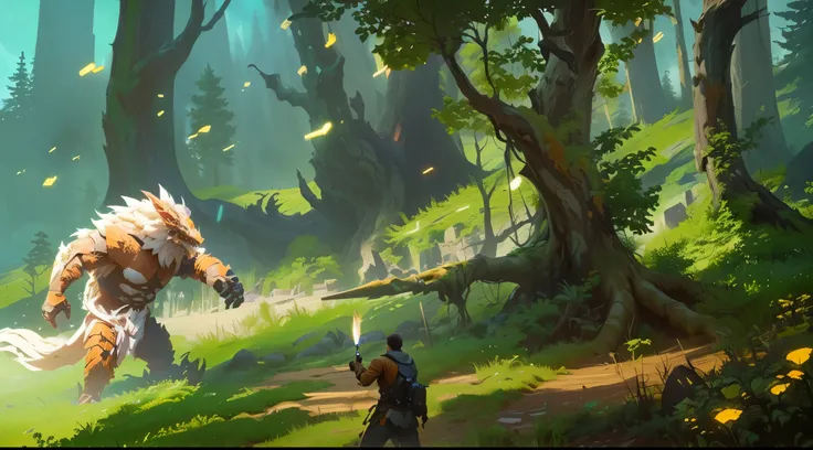 there is a man fighting with  a big monster, high definition vegetation pine tree model 3A masterpiece CG hub painted as a game concept art, indie game concept art, stylized concept art, painterly concept art, concept art for a video game, game concept art...