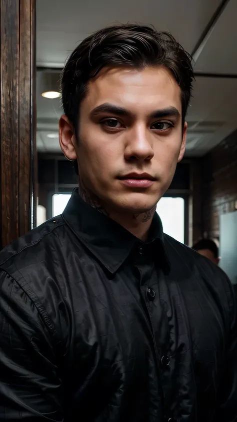 A handsome boy, 20 years old, big eyes ,black  eyes, square face, short black hair, muscular, tattoos on his neck, wearing a black suit and shirt, and a middle-aged rich businessman, round face, a little bald, two handshake cooperation, best quality, maste...