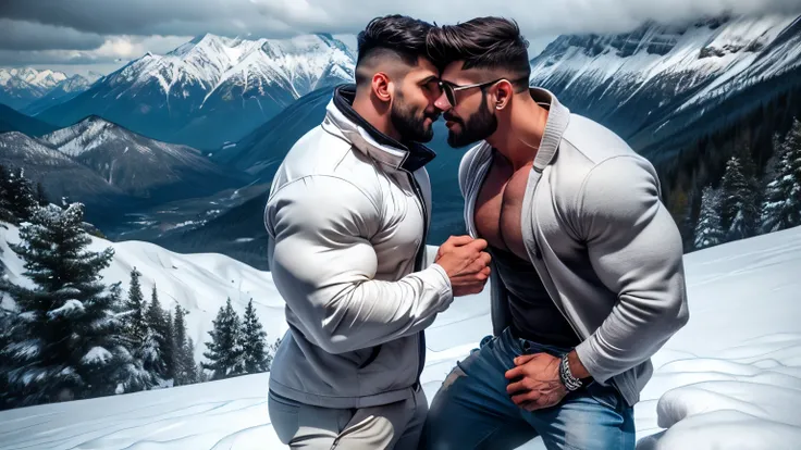 indian muscular daddy Arjun khanna gay couple hunk proposing to each other, Arjun khanna kissing with  Raj snow flakes stuck in indian daddy beared and hair. perfect angel view, two indian beared daddy muscular hunk wih sexy lips weared snow sunglasses wit...