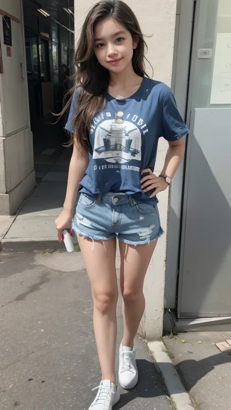 Cute  pulls full body wearing denim shorts and t-shirt  