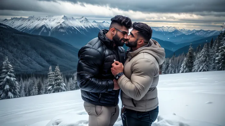 indian muscular daddy Arjun khanna gay couple hunk proposing to each other, Arjun khanna kissing with  Raj snow flakes stuck in indian daddy beared and hair. perfect angel view, two indian beared daddy muscular hunk wih sexy lips weared snow sunglasses wit...