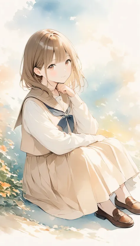 Light color、Watercolor,2.5D,#SDXL、Realistic Single Girl ,Sitting pose、cute、brown sailor uniform、 loafers in white、 muffler 、Soft color artwork、warm, Antique Color