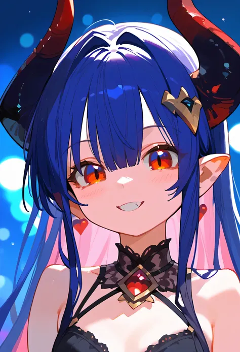 nai3, close up, masterpiece, best quality, bokeh, cute, Colorful, Masterpiece, Best Quality, Succubus, Black clothing, Red eyes, Horns, Alluring expression