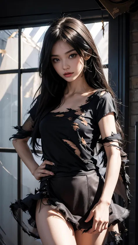 8K, UHD, masterpiece, 1 girl, godd face, sharp eyes, detailed eyelid, very long hair, silky hair, small beasts, (((torn t-shirt:1.5)), ((nappies)), ((mesh black petticoat)), black clothing, torn lacing, dual cape, ((bare hip)), detailed torn clothing, in t...