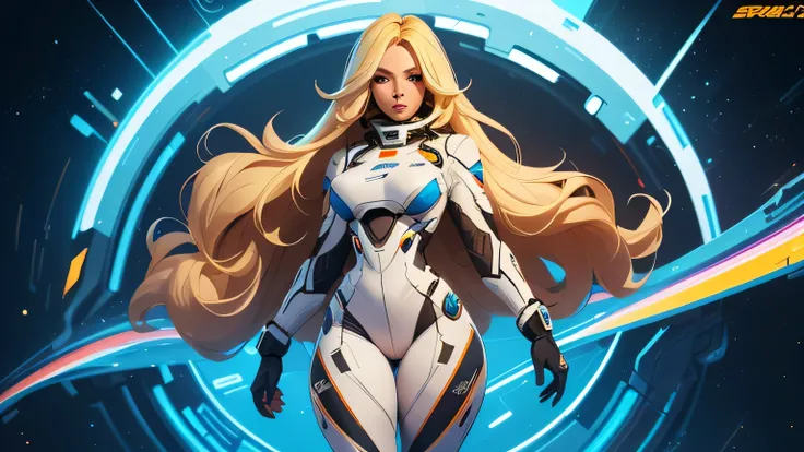 Blonde woman, 25 years old, long straight hair, large breasts, thin waist, wide hips, thick thighs, she is wearing a futuristic spacesuit, abstract futuristic background sci fi graphic idea, studio concept art, visual tecchnology, art station, perfect, wor...