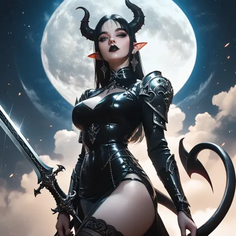 ((masterpiece)) , ((highres)), ((full moon background)), a beautifully detailed succubus female, holding a long sword, ready for...