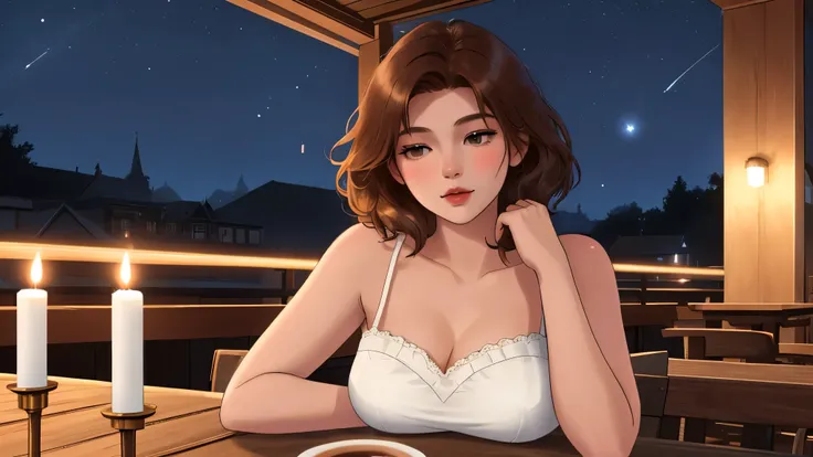 "A brunette girl short auburn hair with big breasts relaxing on the rooftop balcony of a cozy urban home, with a steaming cup of coffee placed on a small wooden table beside her. The table also holds a candle flickering softly, adding a warm ambiance to th...