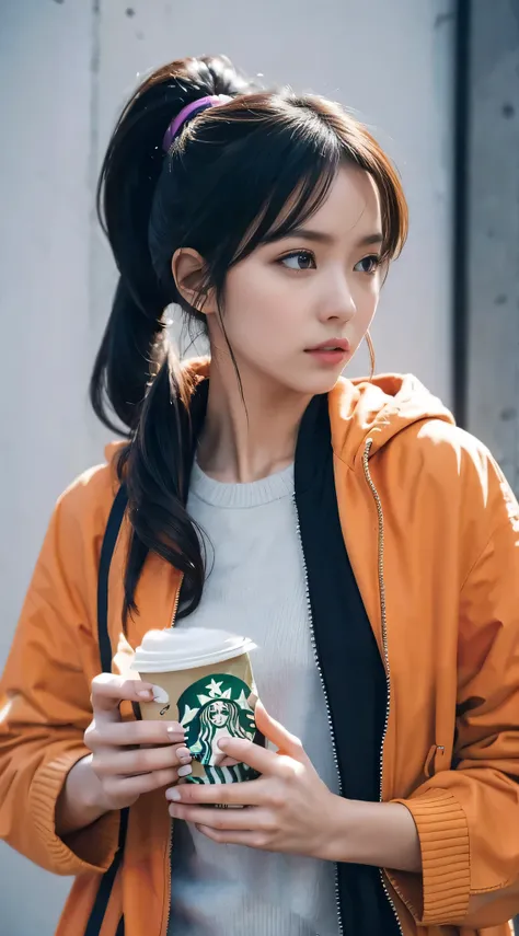 He holds Starbucks coffee in his right hand