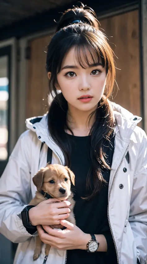 (8k, best quality, masterpiece:1,2), (Realistic, photo-Realistic:1,37), best quality, masterpiece, with her little puppy , I want to drink coffee, coffee cup , elegant style . Indonesian woman wearing a watch, Beautiful white skin, beautiful eyes ,...