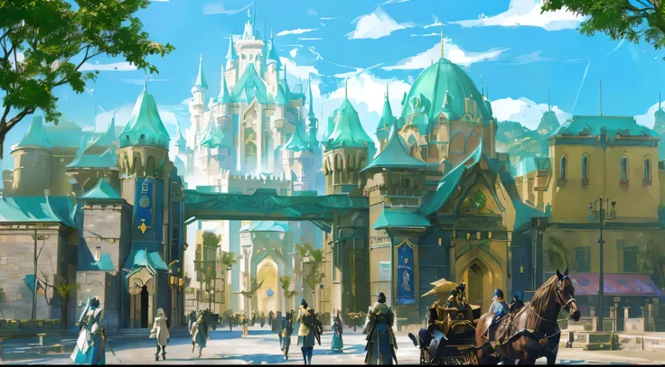 行人穿梭在城门大街 there is a painting of a horse and carriage in front of a castle, fantasyconcept art, concept art world, colorful concept art, concept world art, elven city, concept art highly detailed, anime scenery concept art, detailed concept art, final fant...