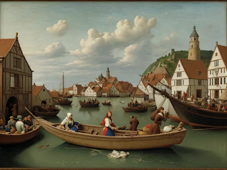 port,woman、Boat,、Painting-style 、oil、Bruegel、