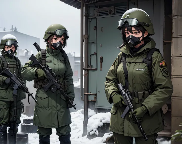 Five female soldiers in dark green knee-length military coats、All wearing tactical helmets 、 all wear gas masks 、All wear goggles 、 Individual Soldier Gear Set、Standing guard with gun，The snowy post ，masterpiece、 Quality Best 、High precision CG 、8K Picture...