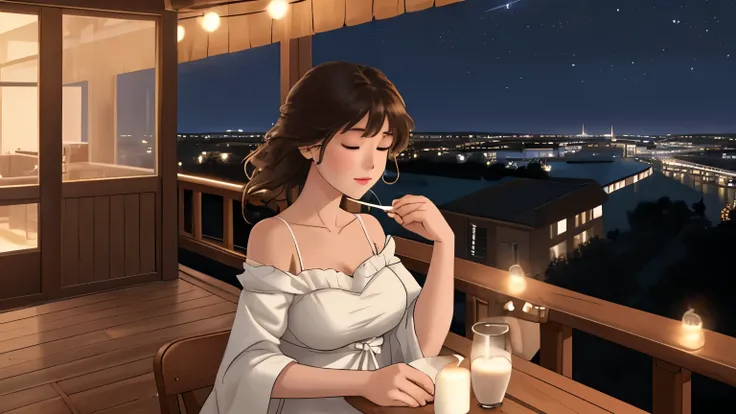 On a cozy rooftop balcony of a house, a serene night unfolds as a graceful woman sits by a wooden table, gazing up at the star-filled sky. She is illuminated by the soft glow of candles placed on the table, their flickering light blending with the cool moo...