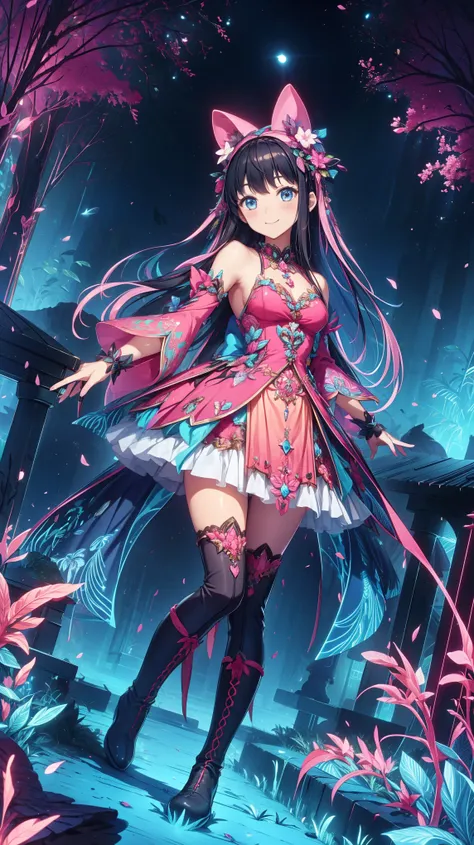 anime style、story、、  美丽girl、とても  cute天使、   pink goth dress   、  cute、 girl、charm、  smile、 long skirt 、    black boots   、very   ...