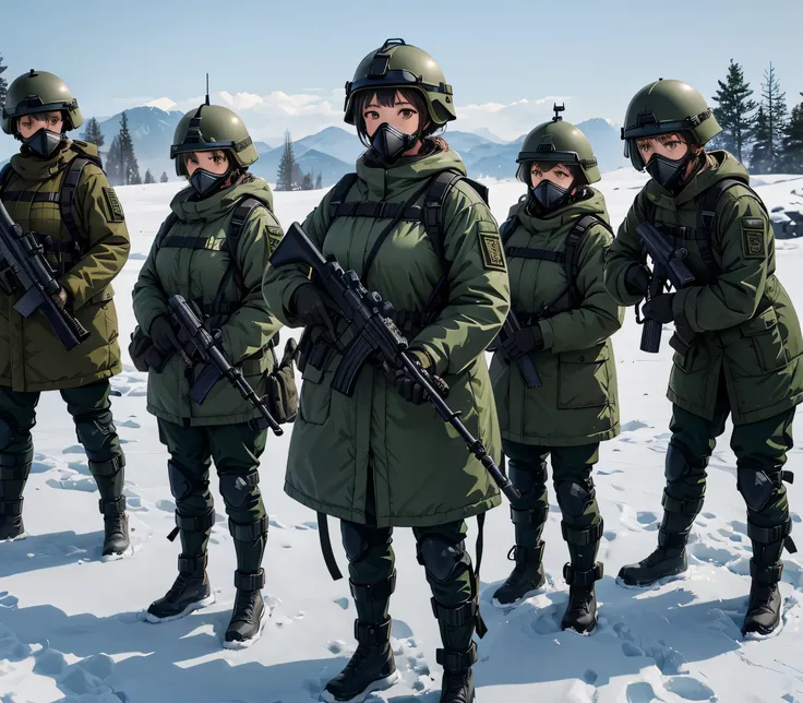 Four female soldiers in dark green thick coats、All wearing tactical helmets 、 all wear gas masks 、All wear goggles 、 Individual Soldier Gear Set、Standing guard with gun，The snowy post ，masterpiece、 Quality Best 、High precision CG 、8K Picture Quality
