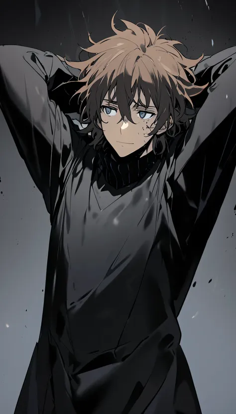 A man brown messy medium lenght hair, black hoodie (black turtleneck under uniform), inside cheap cosmic ship, hands behind head, blue-grayed eyes, closed smile on face, high quality face, looking away