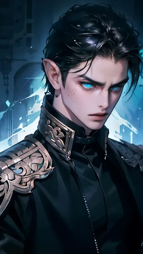 A man with straight dark and rebellious hair, he has pointed/elven ears, his eyes are piercing turquoise. He wears a warrior outfit, in shades of white, black and blue. The boy has an aura of danger, and his expression is irritated.  He wears leather cloth...