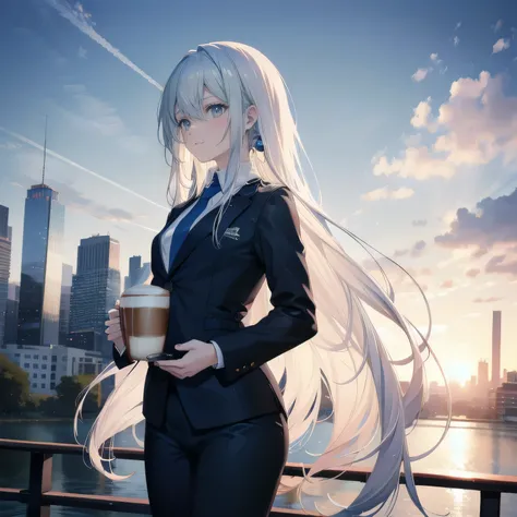 (masterpiece), (best quality), ultra detailed, finely detailed color, cenematic painting, bishoujo, ((one lady)), teenager, cute face, white hair, absurdly long hair, straight hair, ((deep blue eyes:1.5)), (holding coffee:1.4), ((business suit:1.5)), black...