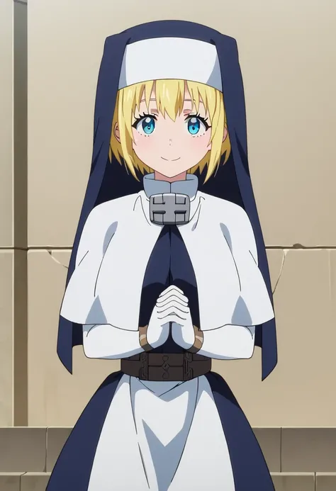 score_9, score_8_up, score_7_up, source_anime, rating_safe, intricate details, anime screencap, official style, 1girl, solo, iris, blonde hair, blue eyes, short hair, nun, habit, white capelet, white elbow gloves, cord at the waist, looking at viewer, smil...