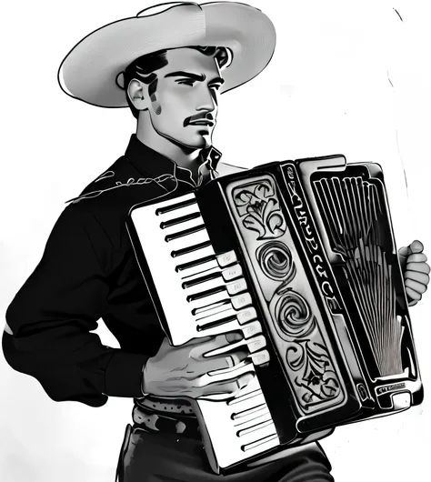 a busy man with a hat and a black shirt plays accordion, 🌻🎹🎼, mexican cowboy, promotional photo,   inspired by agustín fernández...