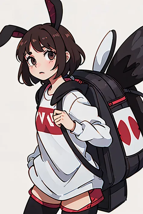 dark brown hair and eyes, and bunny ears. Wearing tech wear an has a backpack on. With a hip hop background 