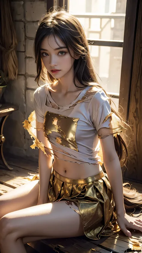 8K, UHD, masterpiece, 1 girl, godd face, sharp eyes, detailed eyelid, very long hair, silky hair, small beasts, (((torn t-shirt:1.5)), ((torn panties)), ((mesh golden petticoat)), golden clothing, torn lacing, dual cape, ((bare hip)), detailed torn clothin...