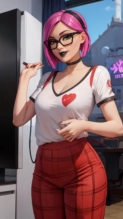 1 girl,black lips,choker, goodmorning , sun, headphones(masterpiece) Blu sky,(Best Quality) led light, gaming zone,(Alone), green eyes , yawning , high detailed,extremely detailed,,short pink hair, loose V-neck T-shirt,pajamas, plaid pants , Smile  ,glasse...