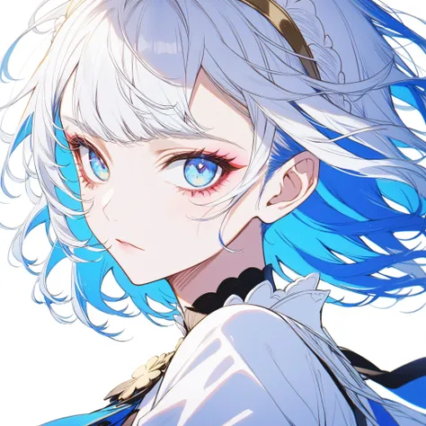 1girl, female focus, Noelle Silva, black clover, Anime female character, white hair, blue eyes, bright, cool, vibrant color, beautiful, aesthetic, plain white background.