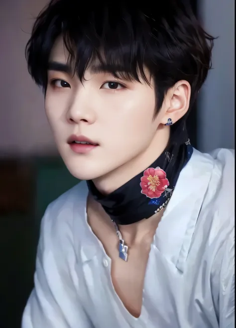 a close up of a person wearing a handkerchief around his neck, black haired yoongi, cai xukun, hong june hyung,  adorable korean...