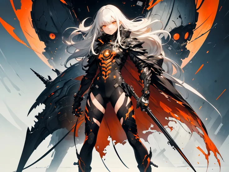 full body shot, Style by Tsutomu Nihei,(incroyablement absurdres, ( high resolution:1.18),  complex details, ( masterpiece:1.1), ( superior quality :1.1), absurdres),(1fille, portrait, white hair, orange eyes,  Long Hair,  detailed eyes), full body shot