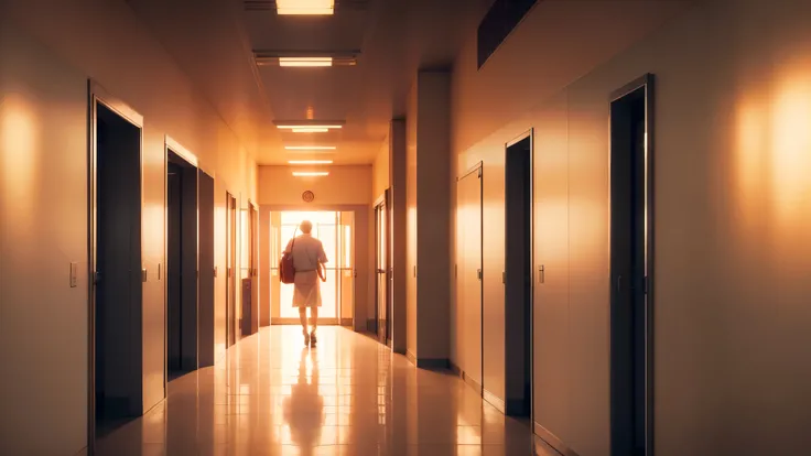  is extremely detailed,  better quality,  hospital interior, wide hospital corridor,  pastel shades , stretchers in the corridors , 8 k,  Realistic, its already dusk ,  the sunset is making its way through the doors, orange sunset light