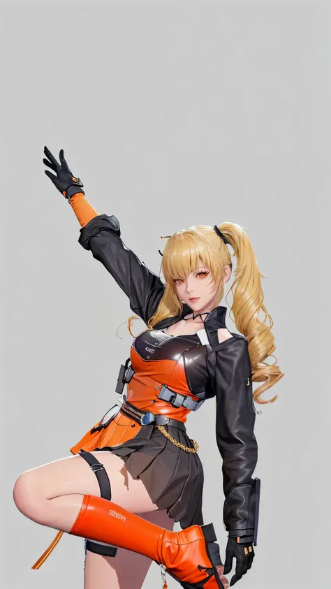 (（（figure，御姐figure,White and tender skin,（（（FenNib , long_sleeves_skirt, red_single_thighhigh, thigh_holster, elbow_gloves, strap, ）））,(（（twintails, Blonde_hair, orange_eyes,））),，((masterpiece)), highres icon,((Best quality at best)),masterpiece,quality,Be...